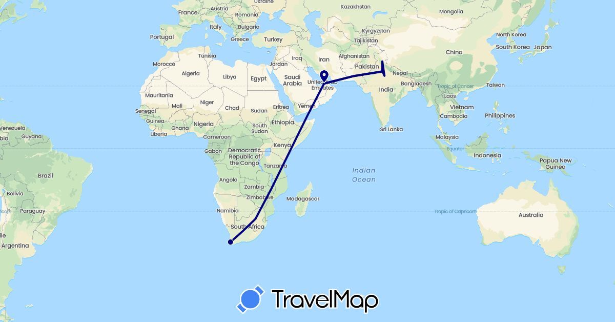 TravelMap itinerary: driving in United Arab Emirates, India, South Africa (Africa, Asia)